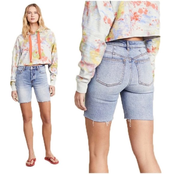 Free People Bermuda Shorts Avery Denim Jean Blue Boho Stretch Frayed Hem New 26 - Picture 1 of 6